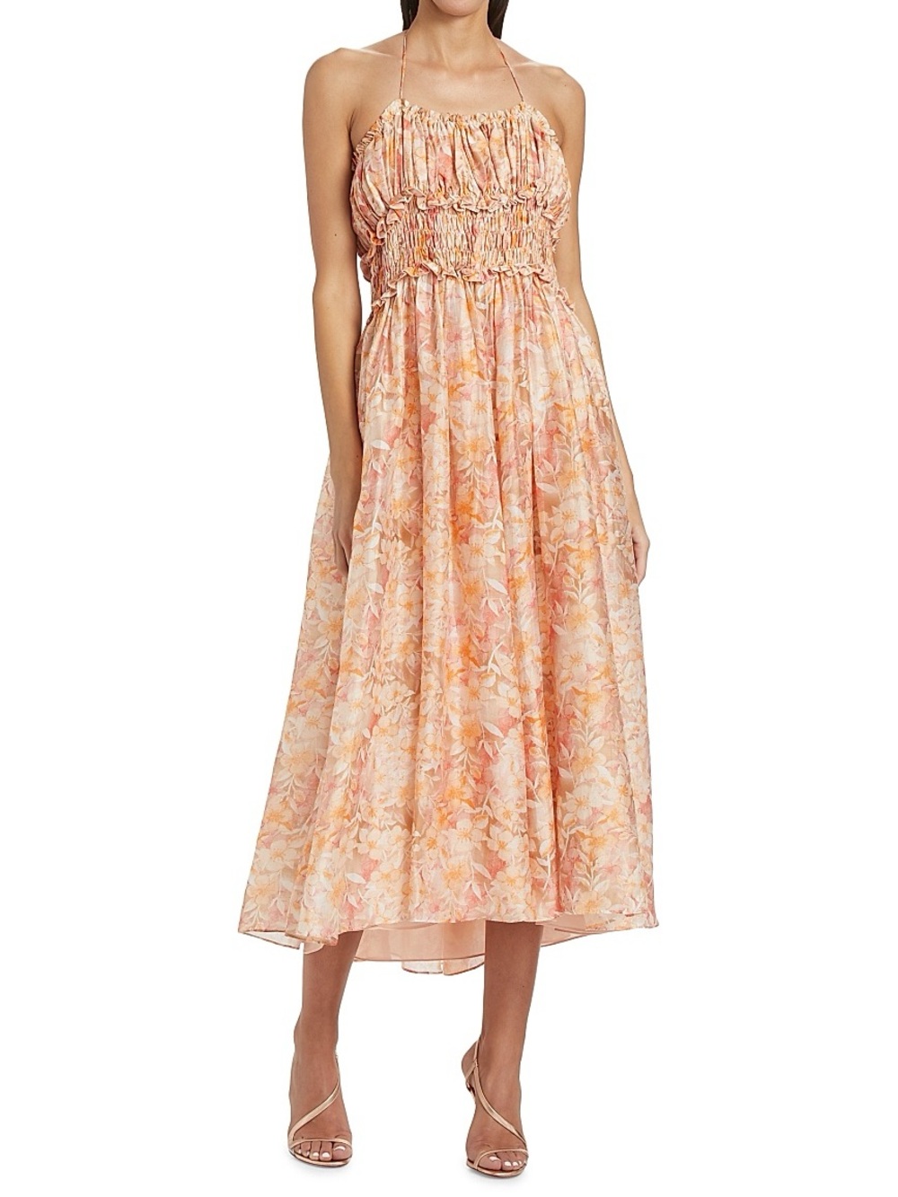 En Saison Malese Floral Shirred Midi Dress Orange Coral Halter Linen Resort